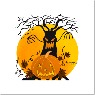 Spooky Pumpkin Face Halloween Autumn Scary Monster Tree Posters and Art